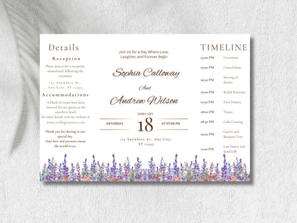 Elegant Floral Wedding Invitation with Timeline & Details | Purple Lavender Watercolor Template | Printable Reception Card. WIB130
