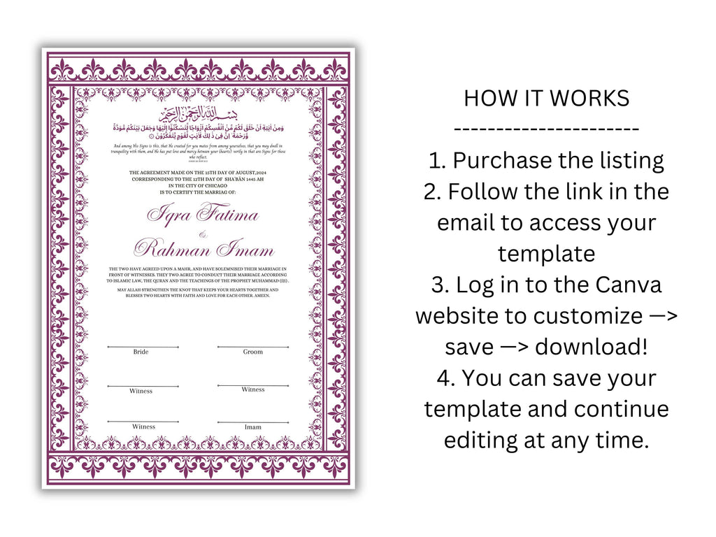 Printable Nikkah Contract Template | Islamic Marriage | PDF Muslim Marriage Contract | Wedding Keepsake. NN236