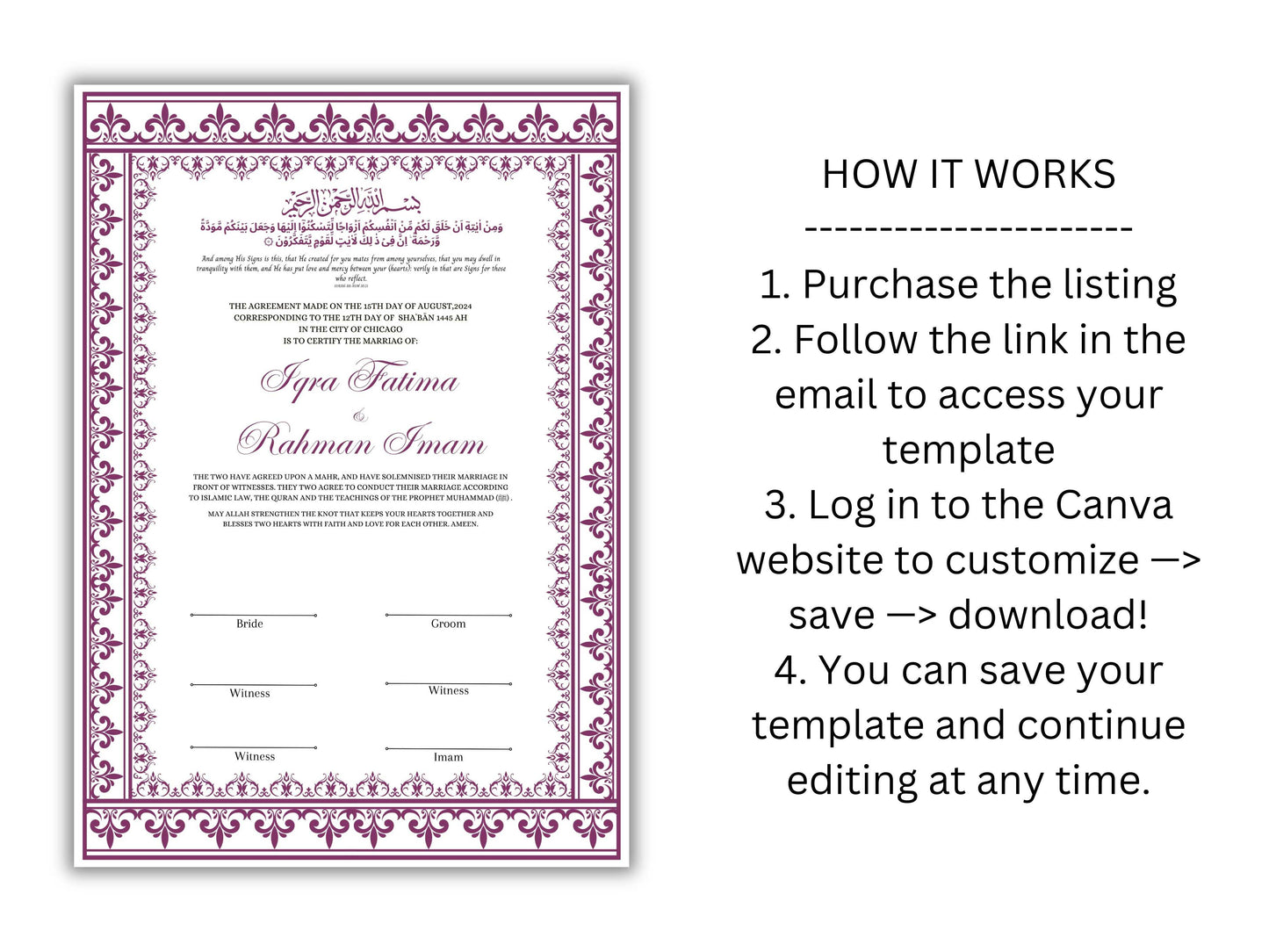 Printable Nikkah Contract Template | Islamic Marriage | PDF Muslim Marriage Contract | Wedding Keepsake. NN236