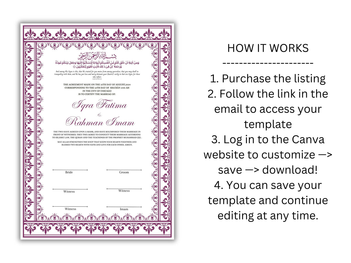 Printable Nikkah Contract Template | Islamic Marriage | PDF Muslim Marriage Contract | Wedding Keepsake. NN236