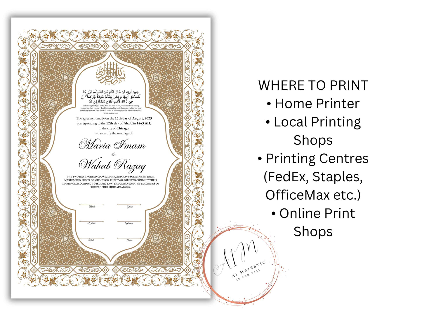 Nikkah Certificate Digital Download Personalized, Luxury Nikkah Contract, Islamic Wedding Contract, Personalized Muslim Wedding Gift. NN188