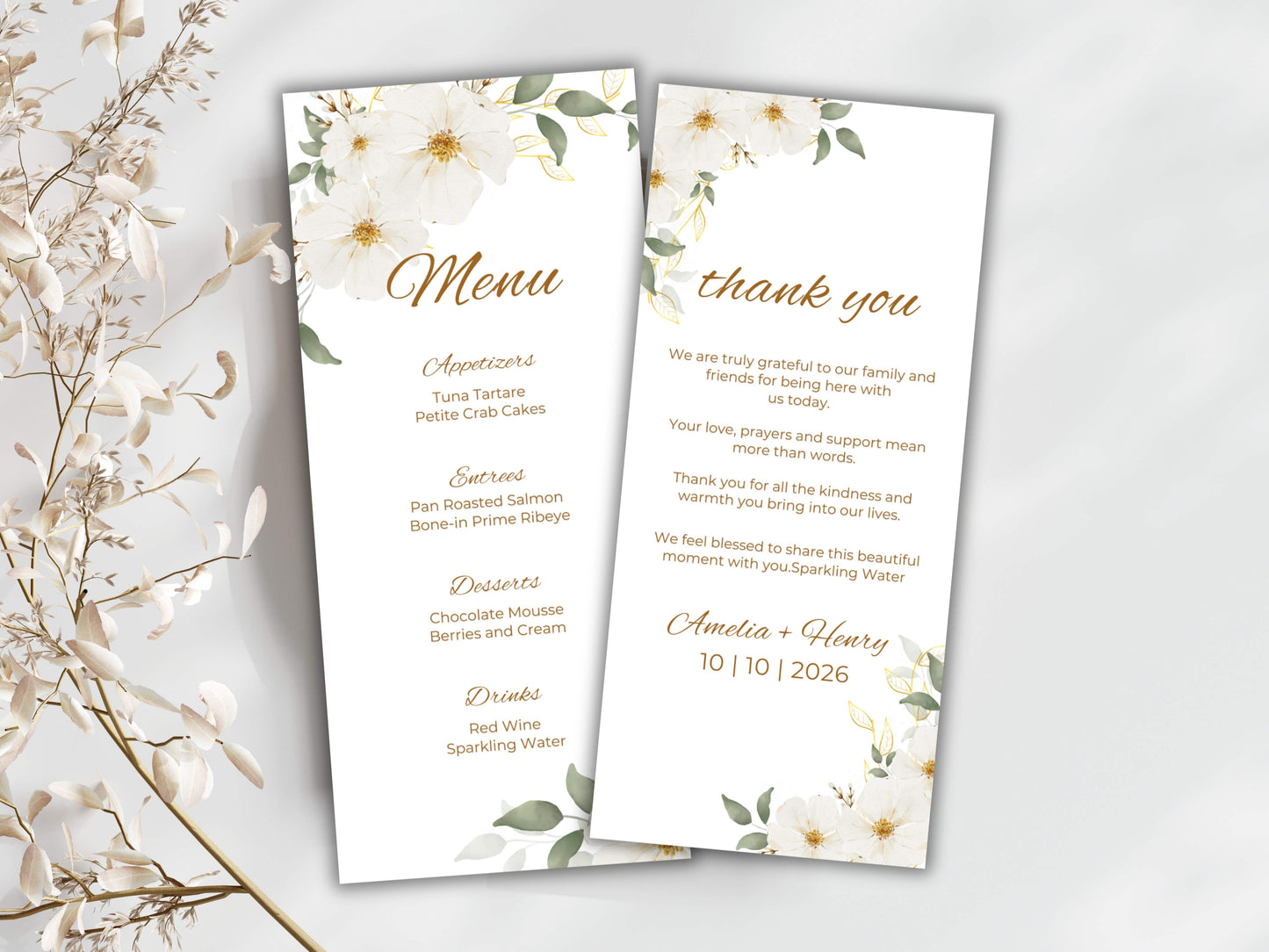 Elegant Floral Wedding Menu & Thank You Card Template | Printable Wedding Table Set | Minimalist White Flower Design.WI189
