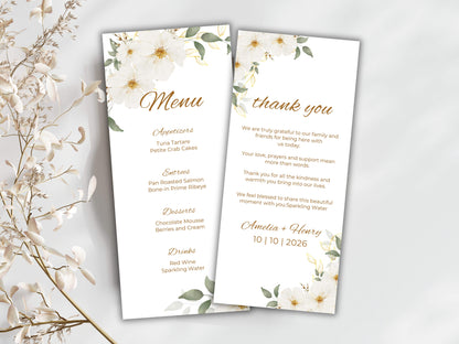Elegant Floral Wedding Menu & Thank You Card Template | Printable Wedding Table Set | Minimalist White Flower Design.WI189