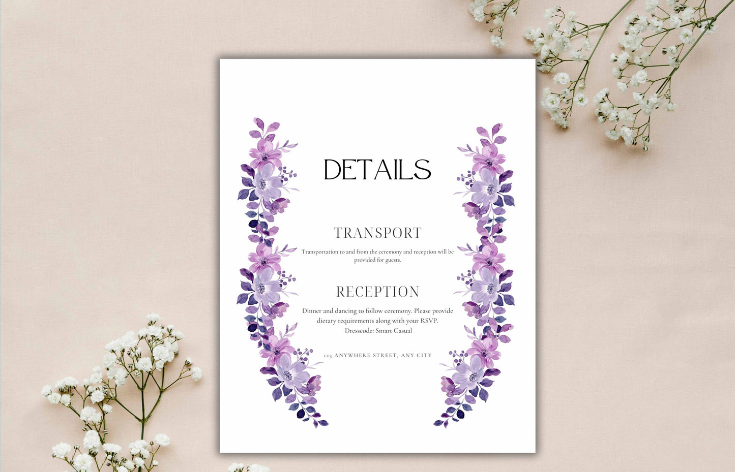 Lavender Floral Wedding Invitation Set Template, Watercolor Lilac Wedding Invite Suite, Heart Wedding Card Printable, Detail Card, RSVP. W75