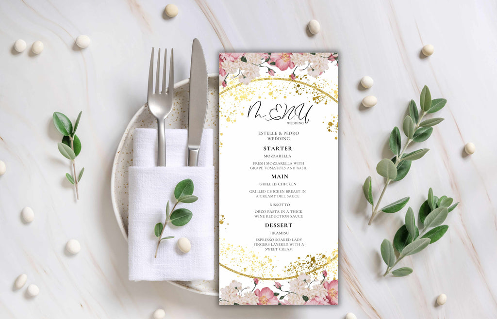 Wedding Menu Template Download, Pink Rose Wedding Menu Card, Menu Template, Wedding Menu, , Modern Dinner Menu, Instant Download, WS50