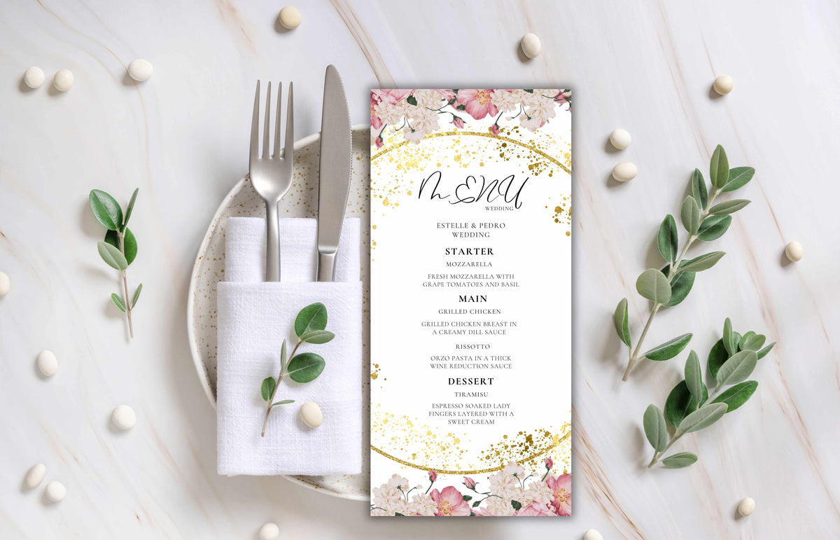 Wedding Menu Template Download, Pink Rose Wedding Menu Card, Menu Template, Wedding Menu, , Modern Dinner Menu, Instant Download, WS50