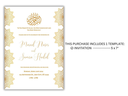 Gold Muslim Wedding Invitation, Nikkah Invitation, Muslim Wedding Invite, Wedding Invite, Invitation Template, Editable Canva Template, WT55