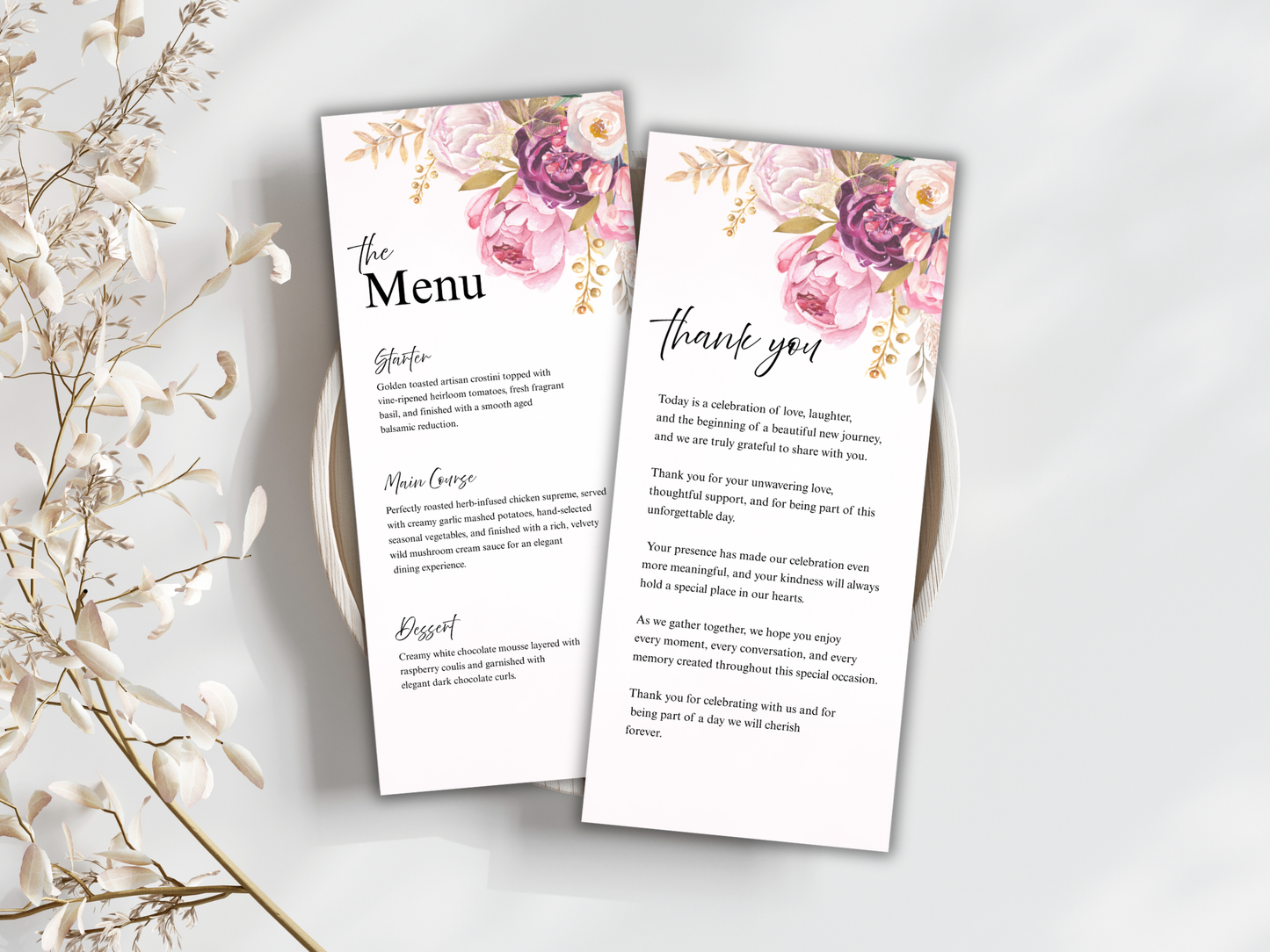 Elegant Reception Menu Template, Table, Thank you, Editable Templates MTC414