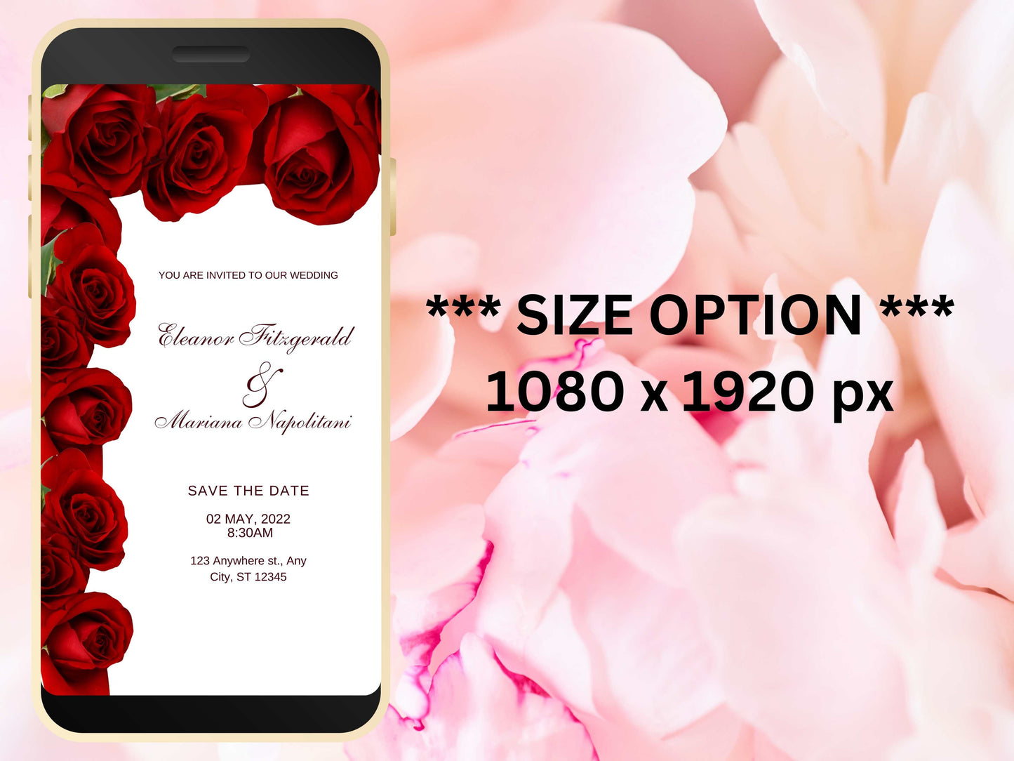 Red Rose Wedding Evite Template, Electronic Wedding Invitation, Red Rose video Wedding Invitation, Text Message, Mobile Phone Invite. WEI31