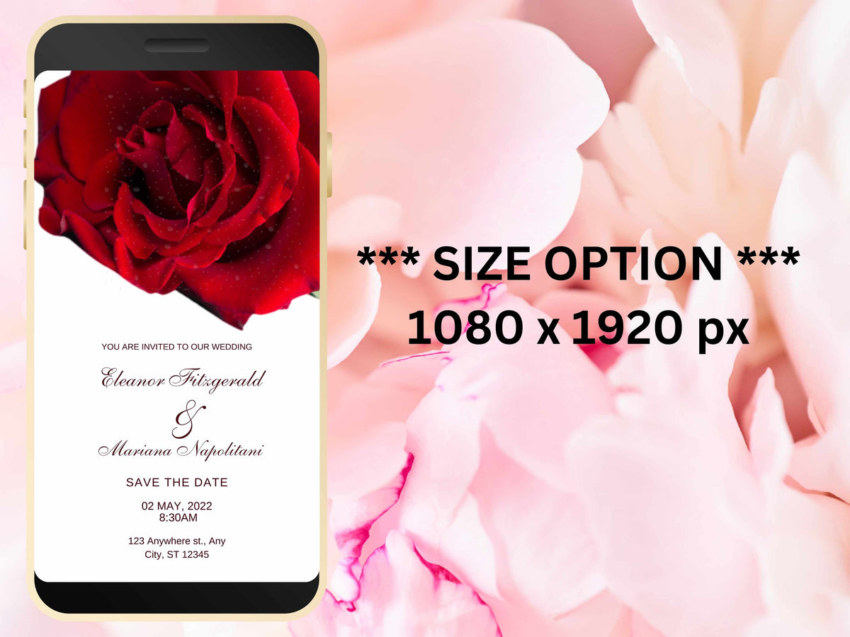 Red Rose Wedding Evite Template, Electronic Wedding Invitation, Red Rose video Wedding Invitation, Text Message, Mobile Phone Invite. WEI30