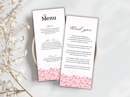 Cherry Blossom Wedding Menu, Table, Thank you, Editable Cards MTC420