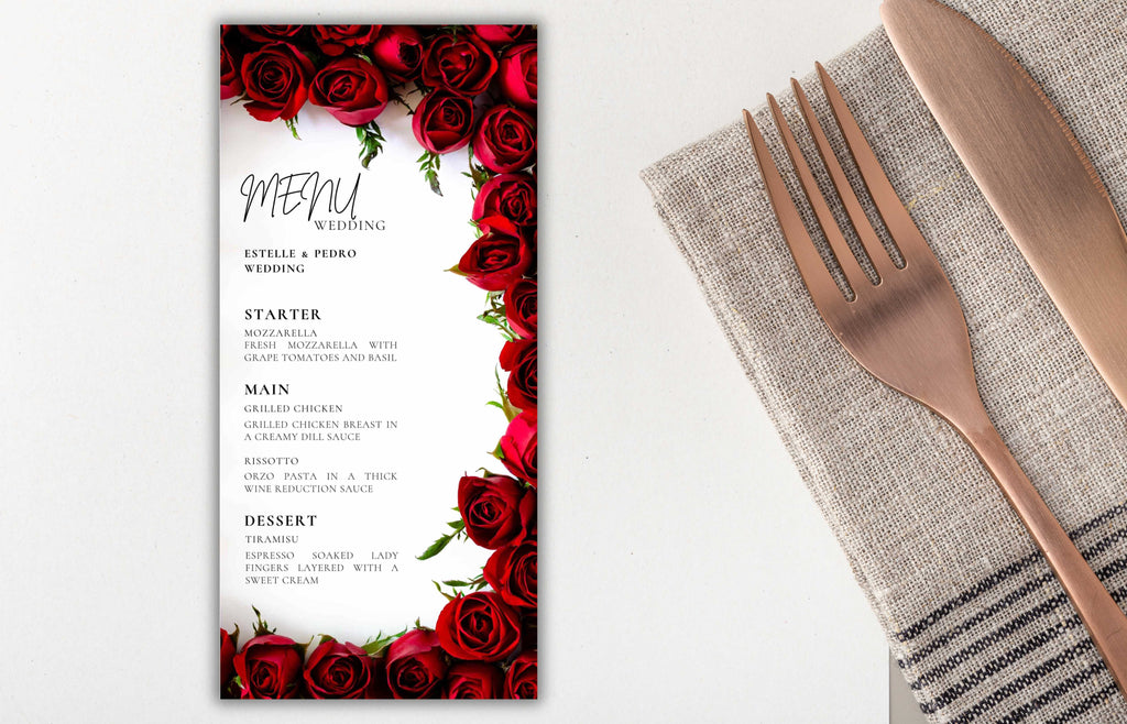 Wedding Menu Template Download, Red Rose Wedding Menu Card, Red Menu Template, Wedding Menu, Modern Dinner Menu, Instant Download, WS53