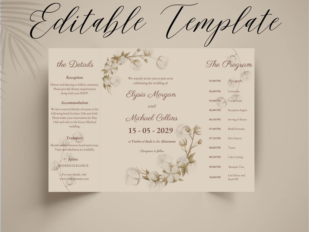 Floral Wedding Invitation Template | Folded Wedding Program & Details Card | Printable Rustic Boho Wedding Invite | Editable Template. WI176