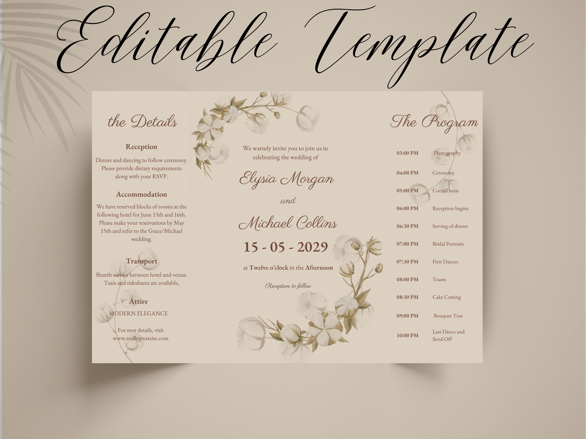 Floral Wedding Invitation Template | Folded Wedding Program & Details Card | Printable Rustic Boho Wedding Invite | Editable Template. WI176