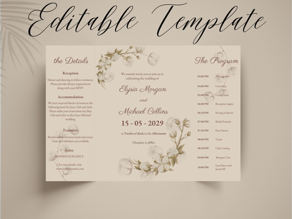 Floral Wedding Invitation Template | Folded Wedding Program & Details Card | Printable Rustic Boho Wedding Invite | Editable Template. WI176