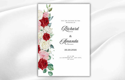 Red, Pink and White Roses Wedding Invitation Set, Red Roses Wedding Invite, Floral Wedding, RSVP Card, Details Card, Instant Download. WT89