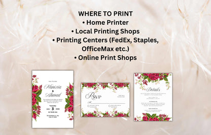Floral Wedding Invitation Set Template, Printable Hot Pink Rose Wedding Invite Suite, Boho Wedding Template, RSVP Card, Details Card. WIB73
