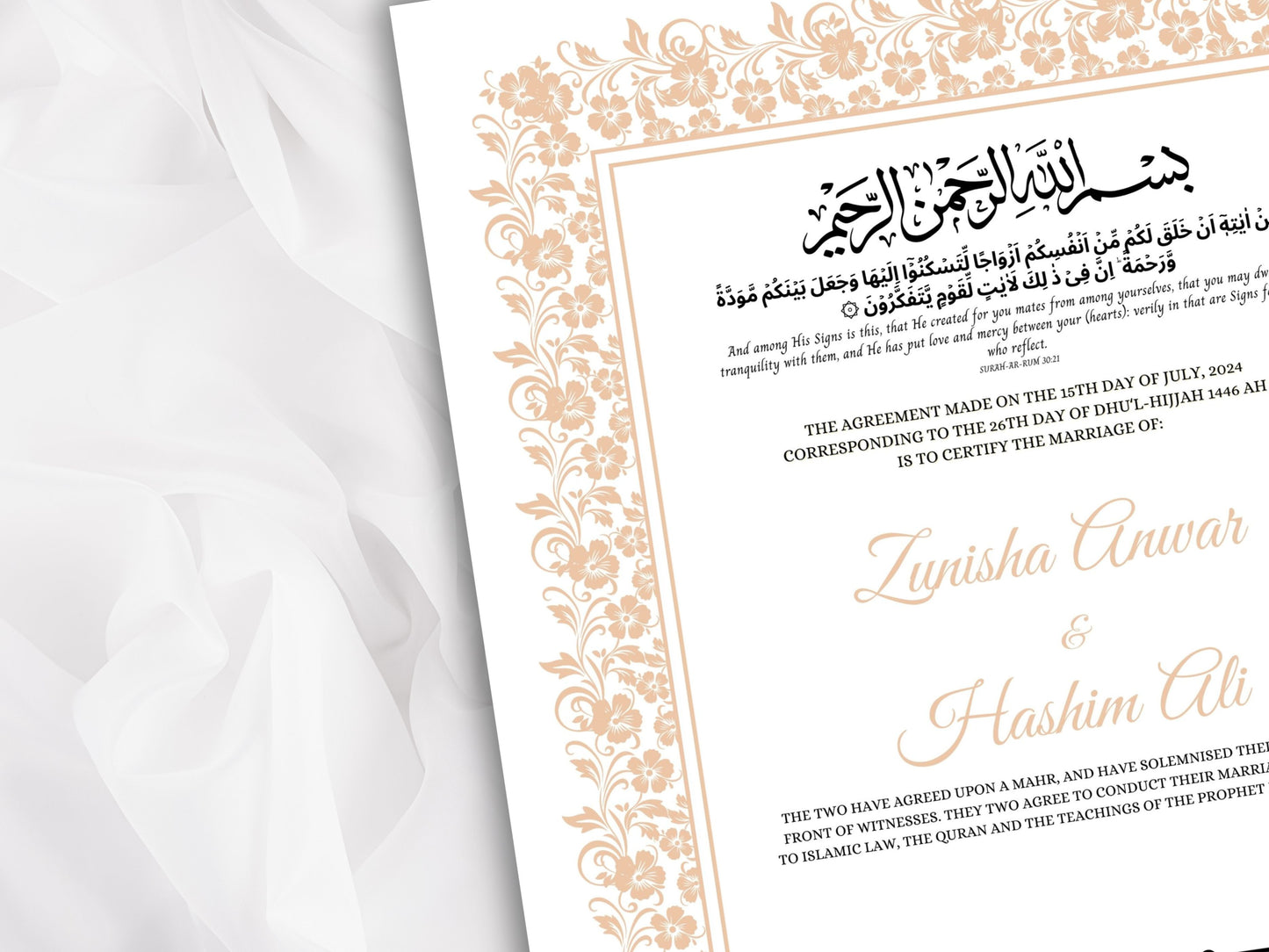 Nikkah Certificate Template, Traditional Islamic Wedding Agreement, Marriage Contract Wedding, Marriage Certificate Template, A4, A3. NN263