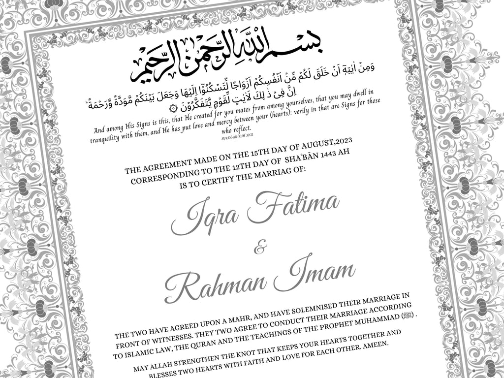 Nikkah Certificate, Nikkahnama, Nikahnama, Muslim Contract, Personalised, A4, A3, Template, Instat Download. NN271
