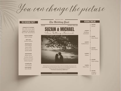 Newspaper Style Wedding Invitation | Gatefold Wedding Card | Vintage Wedding Program with Timeline | Unique Wedding Party Invite. WI136