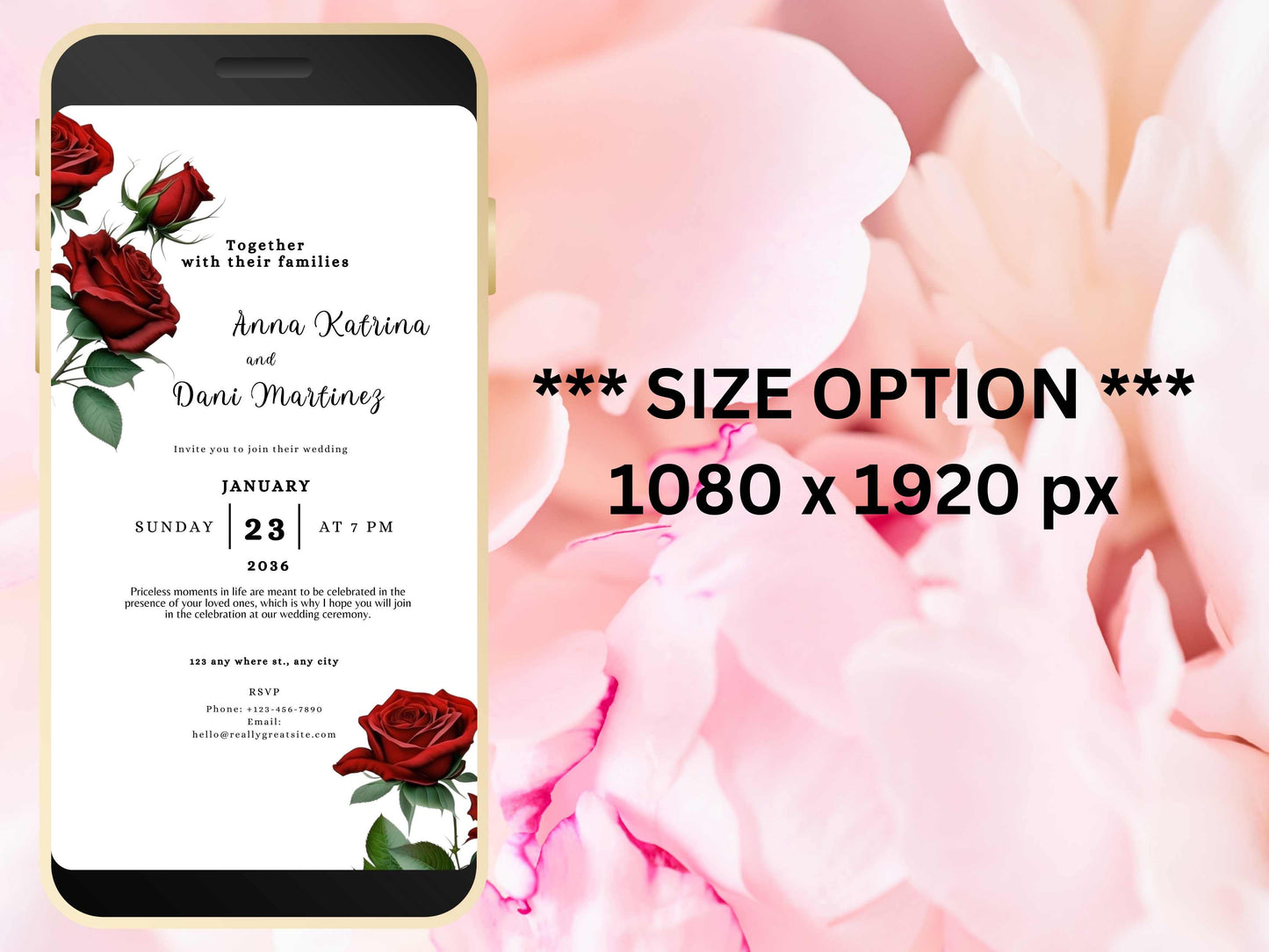 Red Rose Wedding Evite Template, Electronic Wedding Invitation, Red Rose video Wedding Invitation, Text Message, Mobile Phone Invite. WEI36