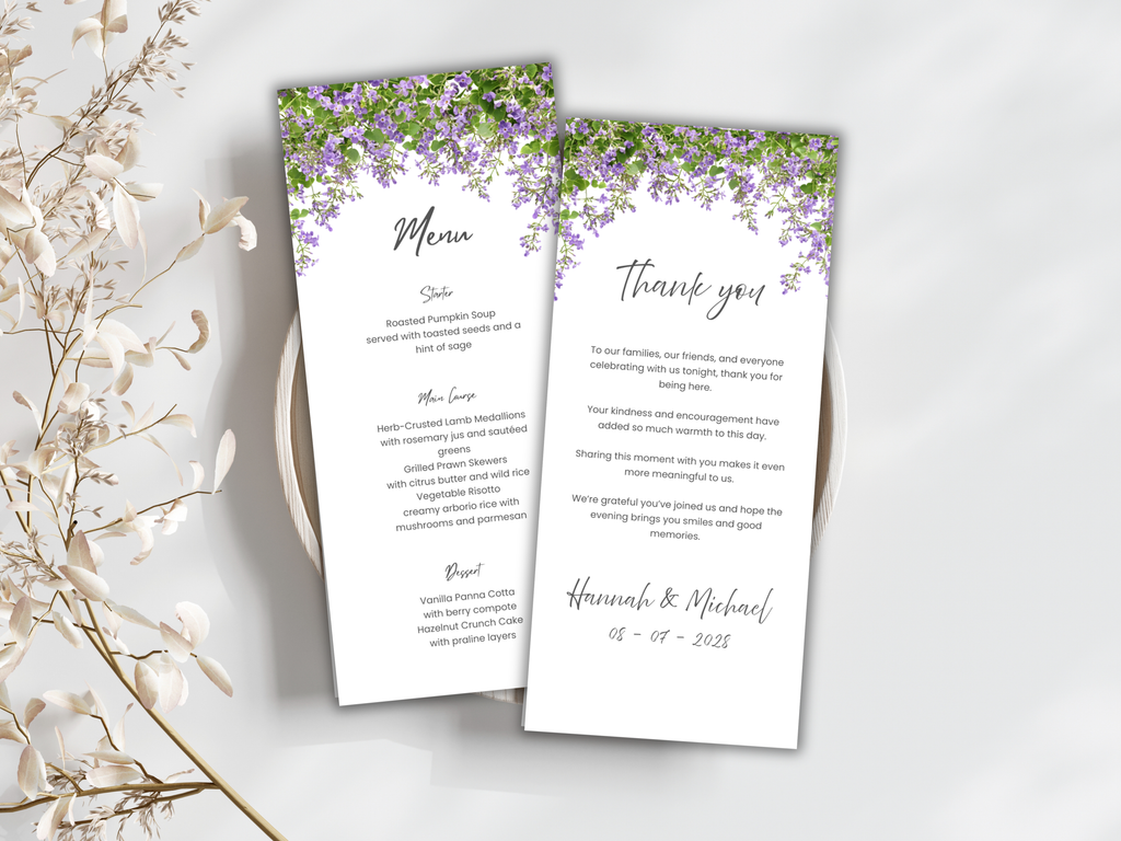 Floral Wedding Menu & Thank You Template | Editable Canva Place Card. WI214