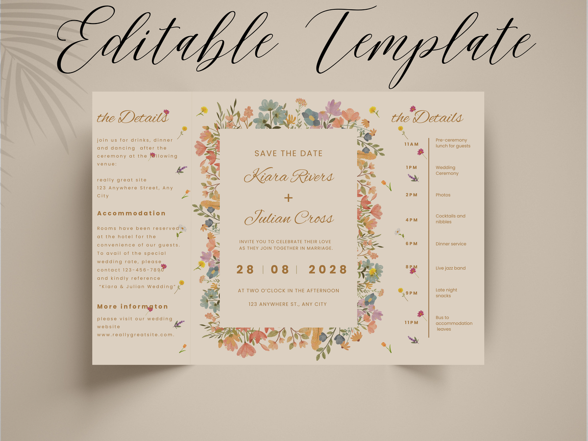 Editable Wedding Invitation Template | Wildflower Gatefold Design | Boho Rustic Canva Invite | Printable Wedding Program. WI185
