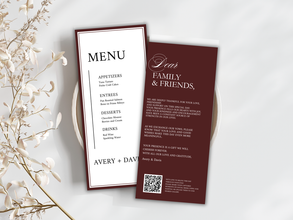 Modern Wedding Menu & Thank You Card Template | Editable Canva Design | Elegant Burgundy Reception Set | Minimal Wedding Stationery. WI187