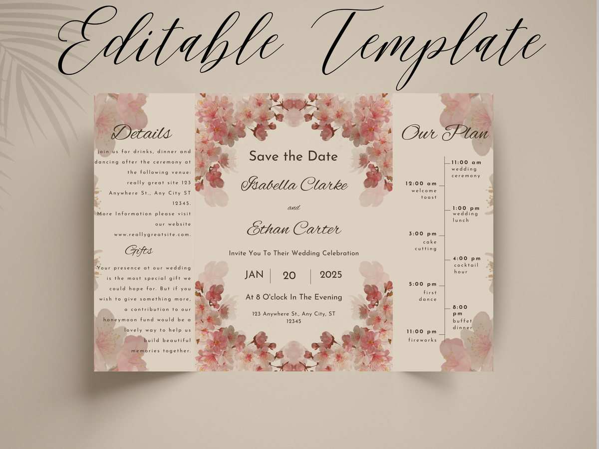 Blush Floral Gatefold Wedding Invitation Template |  Cherry Blossom Wedding Suite | Printable Save The Date & Details Card. WI179