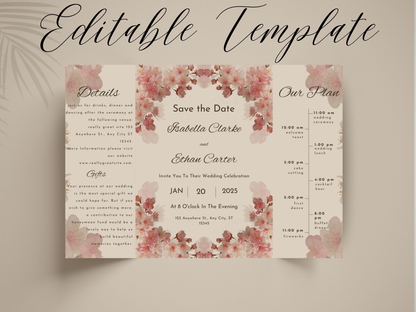 Blush Floral Gatefold Wedding Invitation Template |  Cherry Blossom Wedding Suite | Printable Save The Date & Details Card. WI179