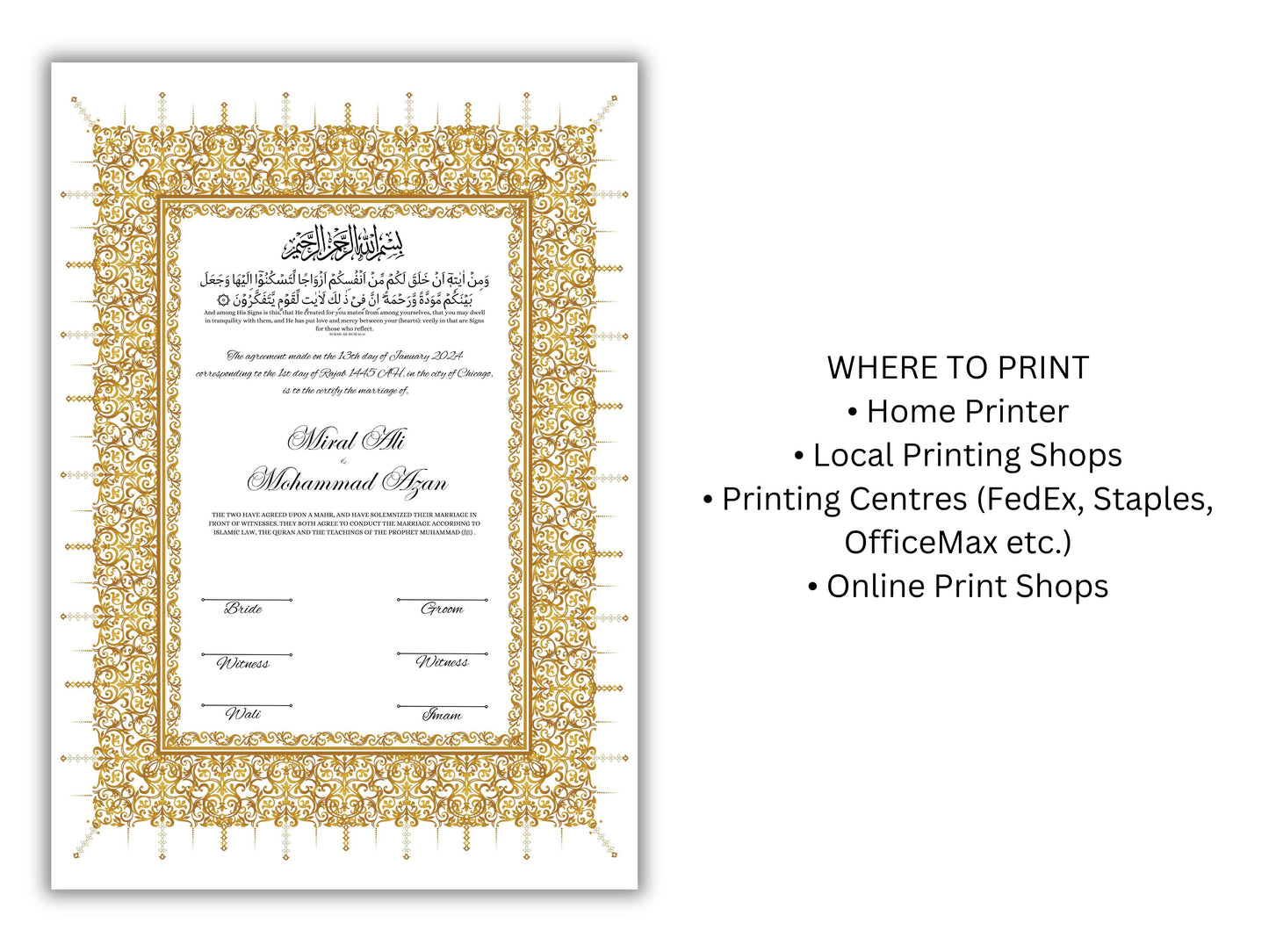 Gold Nikkah Certificate, A4/A3 Islamic Wedding Contract Template, Nikkah Nama, Muslim Marriage, Personalised Names, Quran Verse.NN201