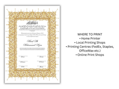 Gold Nikkah Certificate, A4/A3 Islamic Wedding Contract Template, Nikkah Nama, Muslim Marriage, Personalised Names, Quran Verse.NN201