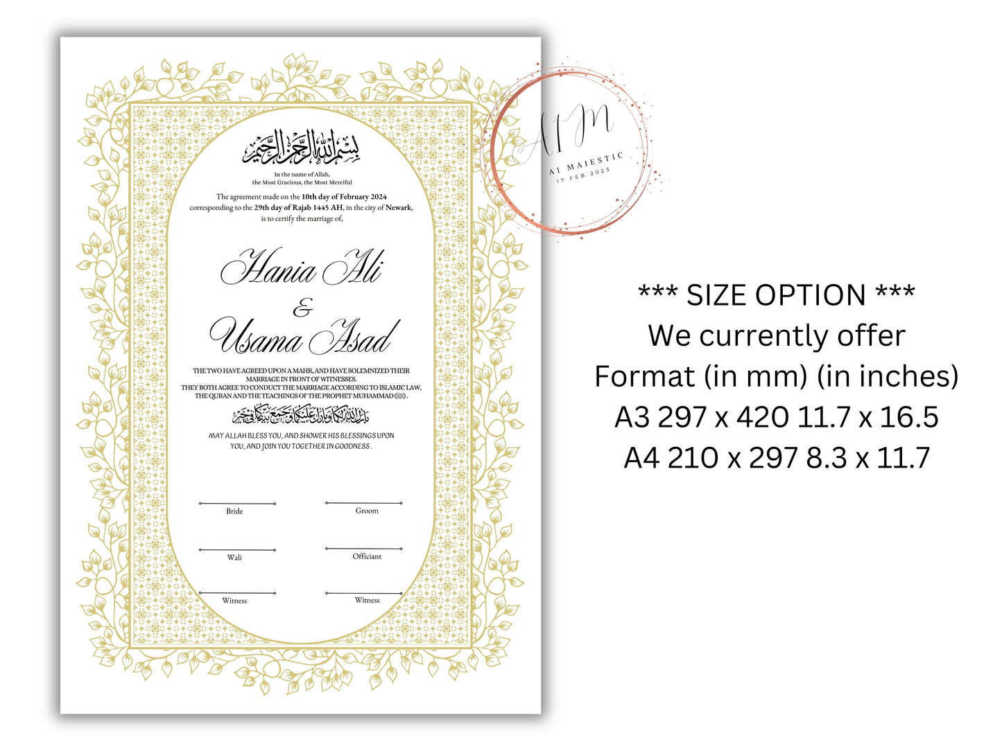 Gold Nikkah Contract Template, Gold Islamic Marriage, Contract Nikkah Certificate, Gold Nikahnama, Personalised Names, A4, A3. NN208