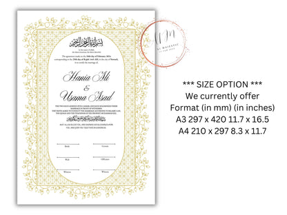 Gold Nikkah Contract Template, Gold Islamic Marriage, Contract Nikkah Certificate, Gold Nikahnama, Personalised Names, A4, A3. NN208