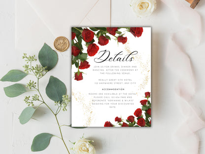 Red Rose Wedding Invitation , dark red floral gold frame border invite, Elegant Red Rose wedding Invitation, ,Shimmey, Editable