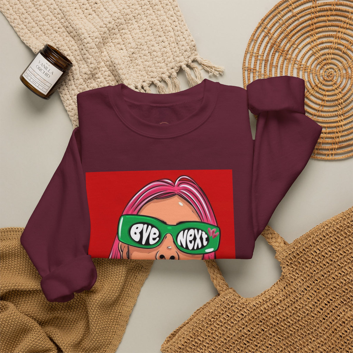 Graphic Sweatshirt — 'Bye Next' Retro Pop Art Girl Crewneck