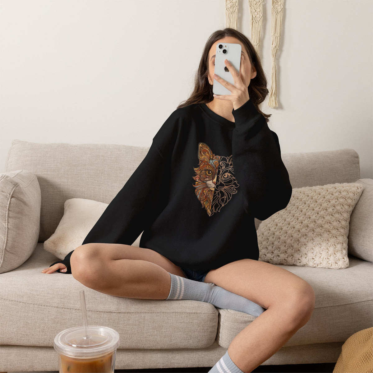 Cat Face Split Crewneck Sweatshirt – Half Realistic, Half Line Art Cat Design