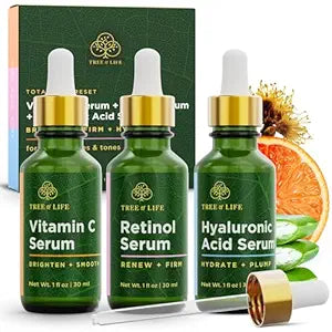 Tree of Life Face Serum Set - Vitamin C, Retinol & Hyaluronic Acid for Brightening, Firming & Hydrating - Anti Aging Skin Care Set - Dermatologist Tested - 1 Fl Oz (Pack of 3)