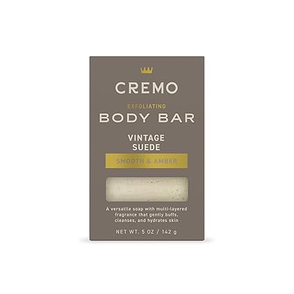 Cremo Exfoliating Body Bar for Men, Vintage Suede Scent, Multi-Layered Fragrance That Buffs, Cleanses and Hydrates Skin, 5oz