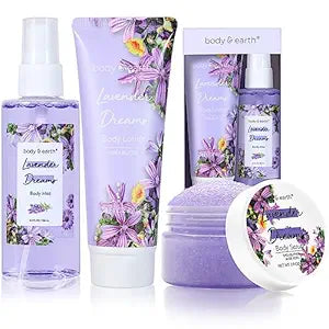 BODY & EARTH Body Mist Gift Set - Spa Gifts for Women, Perfume, Body Lotion, and Body Scrub in a Lavender Dreams Box- Perfect Birthday Gifts for Moms, and Special Occasions,Unique Gift Ideas for Her
