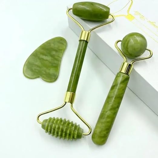 3-in-1 Jade Roller and Gua Sha Facial Kit | 100% Natural Jade Stone Massager Set for Anti-Aging, Wrinkle Reduction & Skin Care | Perfect Beauty Tool for Face, Eyes, and Body