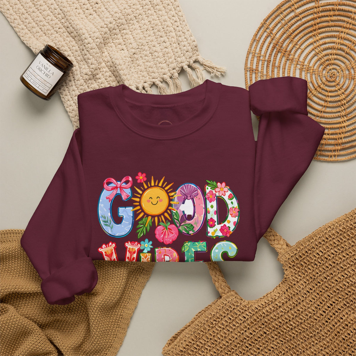 Good Vibes Floral Sweatshirt - Colorful Retro Sun Graphic Crewneck