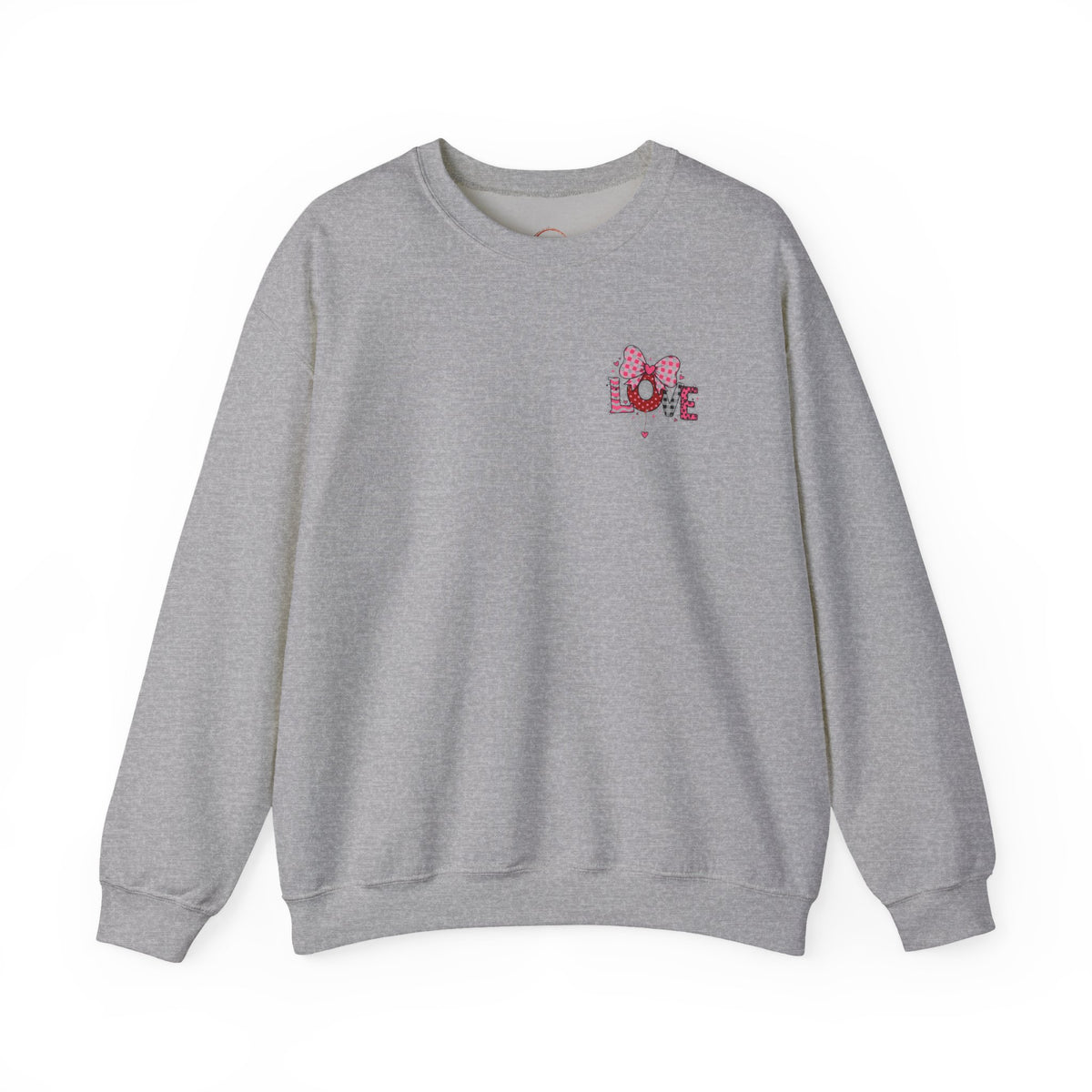Gray sweatshirt with colorful illustrations and text on a white background