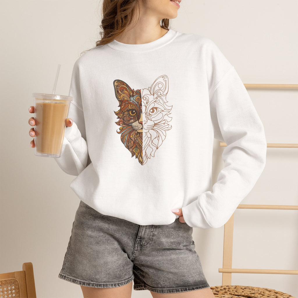 Cat Face Split Crewneck Sweatshirt – Half Realistic, Half Line Art Cat Design