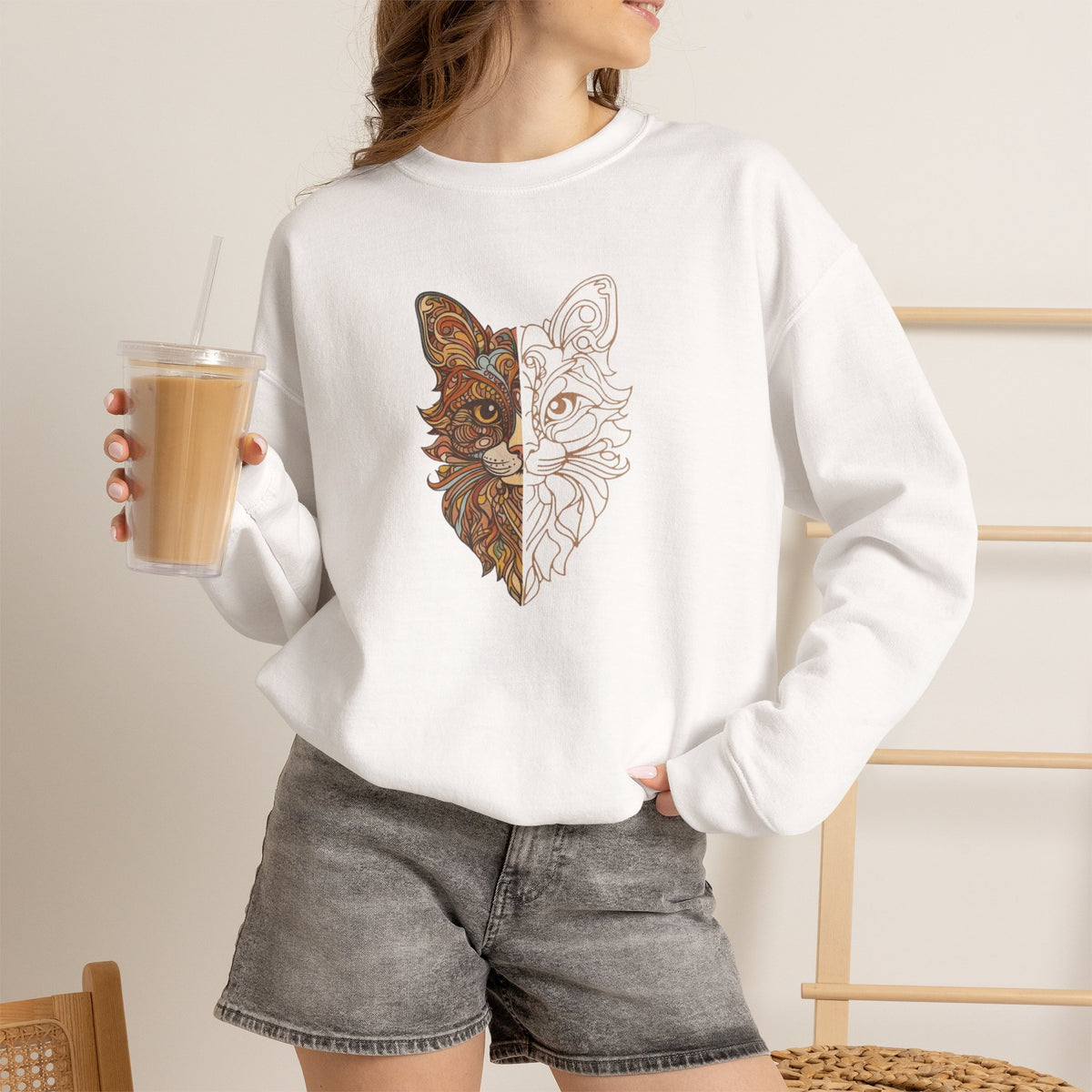 Cat Face Split Crewneck Sweatshirt – Half Realistic, Half Line Art Cat Design