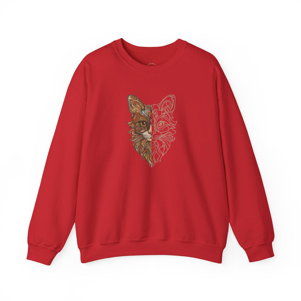Cat Face Split Crewneck Sweatshirt – Half Realistic, Half Line Art Cat Design
