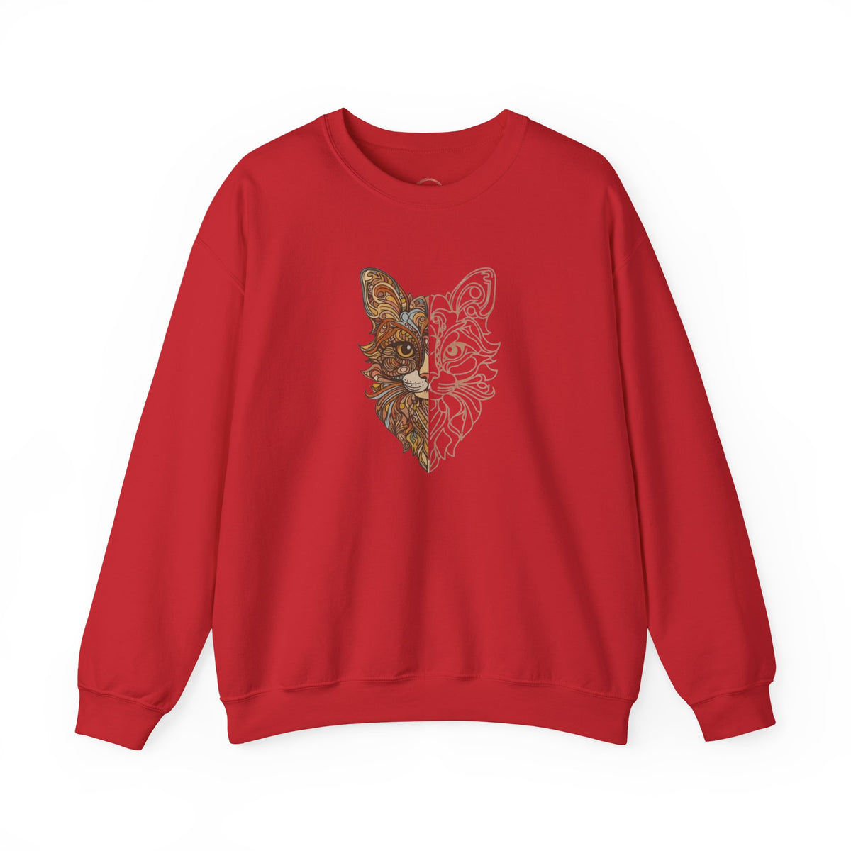 Cat Face Split Crewneck Sweatshirt – Half Realistic, Half Line Art Cat Design