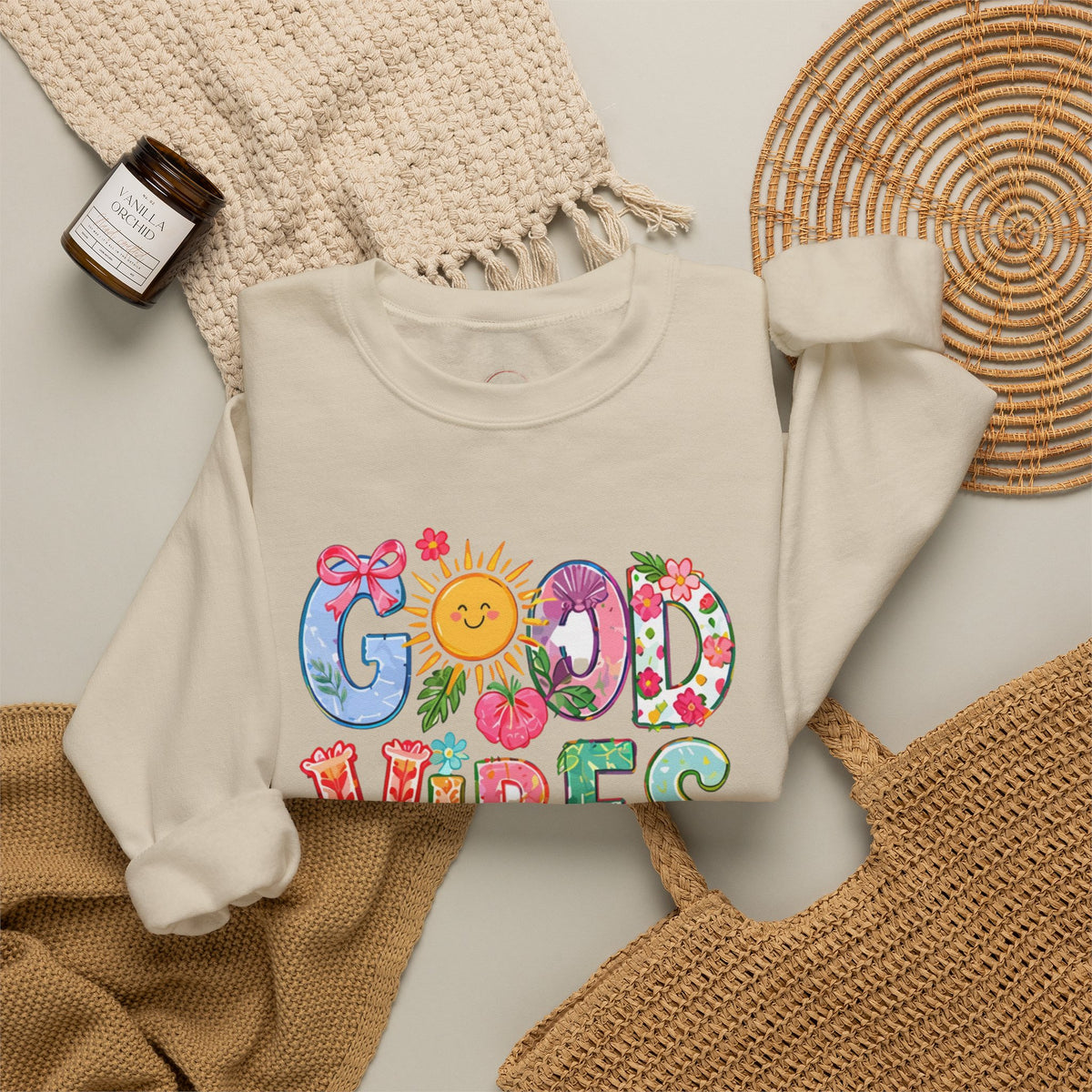 Good Vibes Floral Sweatshirt - Colorful Retro Sun Graphic Crewneck
