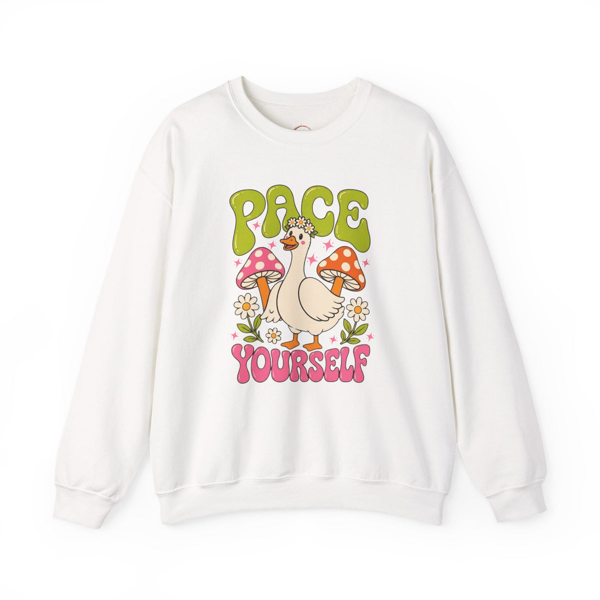 Peace Yourself Crewneck Sweatshirt — Retro Duck & Mushrooms Graphic