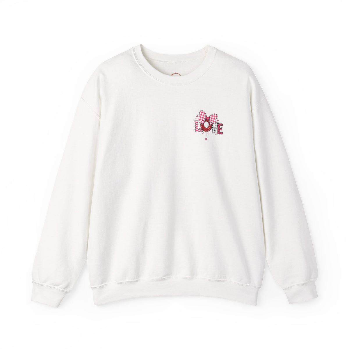 An off-white crewneck sweatshirt with a small red and pink graphic on the left chest, displayed on a clean white background.